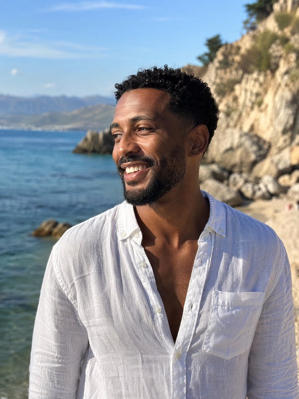 Natural dating profile portrait of a man at the beach