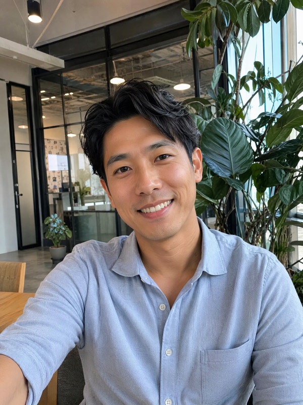 Natural dating profile portrait of a man in a modern office