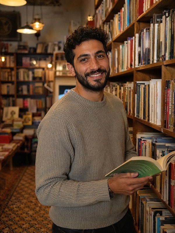 Natural dating profile portrait of a man in a bookstore